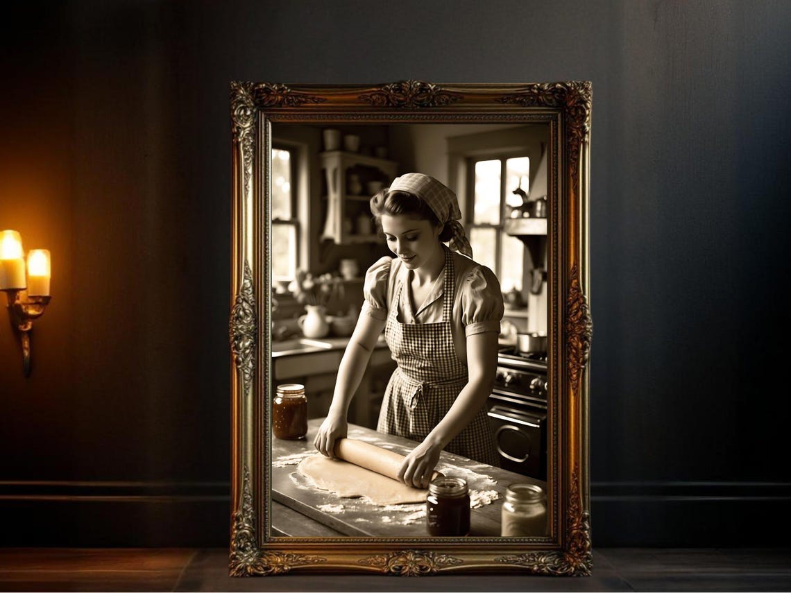 Woman Rolling Dough in Checkered Apron, Rustic Sepia Kitchen Poster