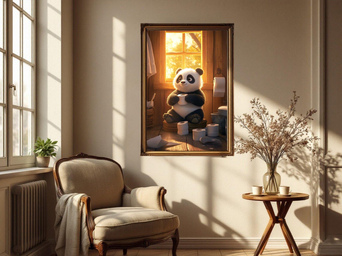 Panda Holding Cup In Sunlit Bathroom Funny Bathroom Animal Poster - Image 4