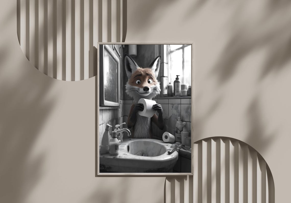 Cheeky Fox Holding Toilet Paper at the Sink Black and White Poster