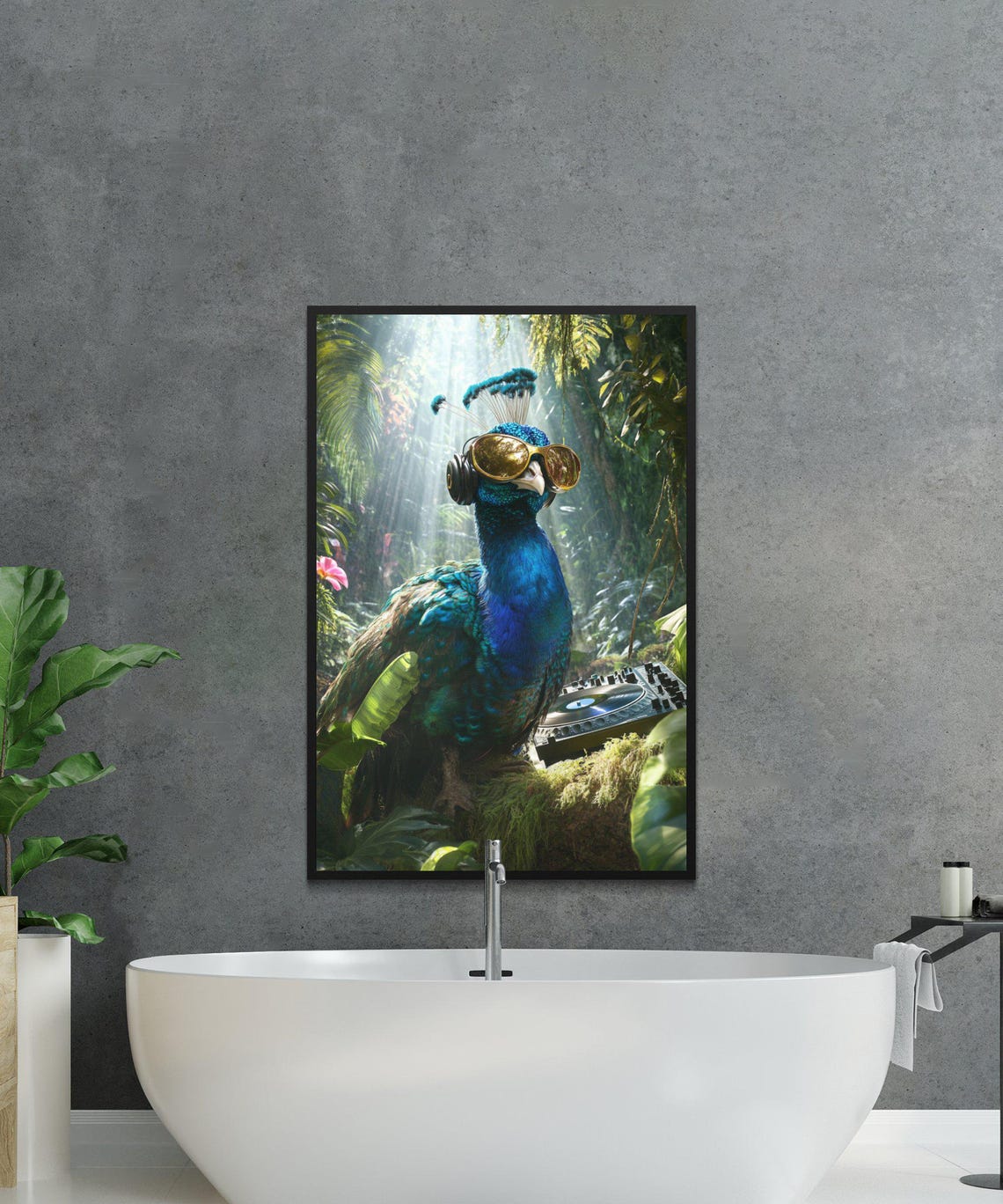 Peacock DJ with Sunglasses and Headphones in a Jungle Setting Poster - Image 3