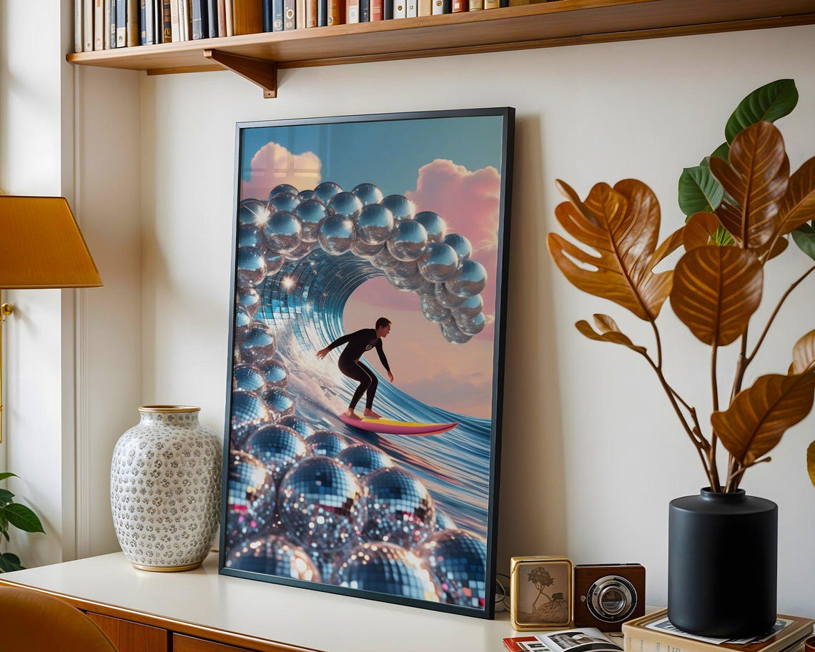 Surfer Riding Giant Disco Ball Wave Pink Sunset Ocean Surfing Poster - Image 5