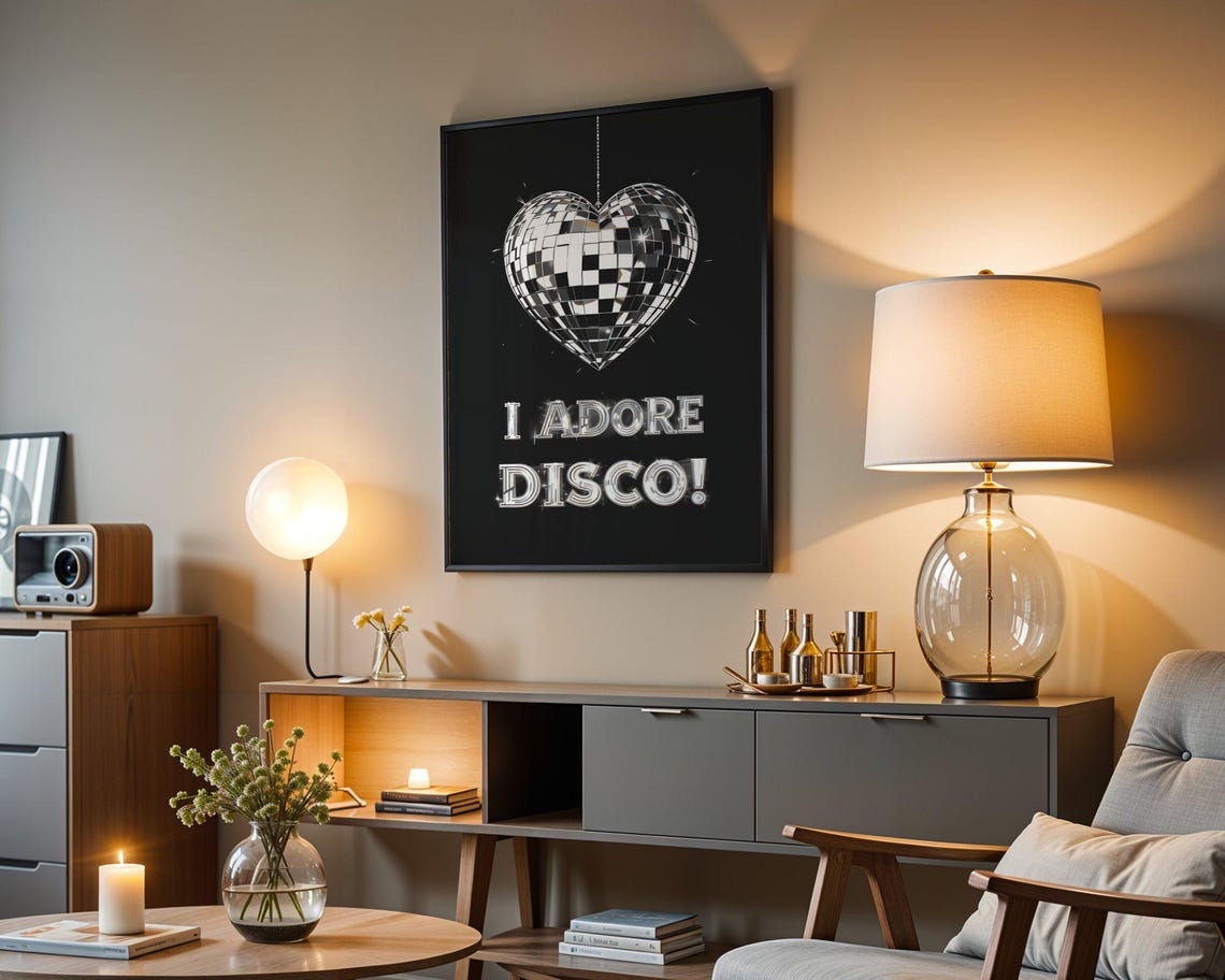 Adore Disco Heart-Shaped Mirror Ball Retro Party Dance Poster - Image 3