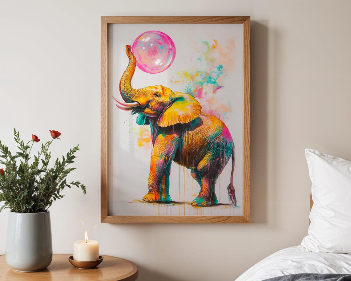 Playful Colorful Elephant Balancing Pink Bubble Modern Art Poster