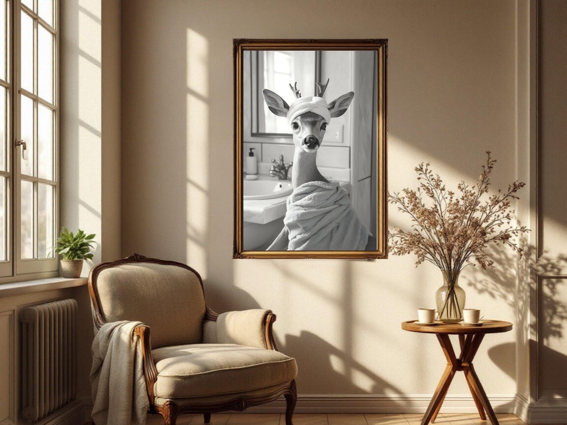 Adorable Deer Wrapped in a Towel Enjoying a Spa Day Bathroom Poster - Image 4