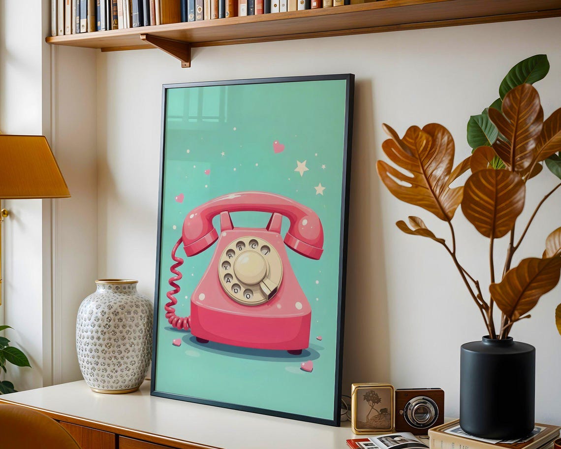 Pink Retro Rotary Phone Teal Background Cute Kawaii Decor Art Print - Image 5