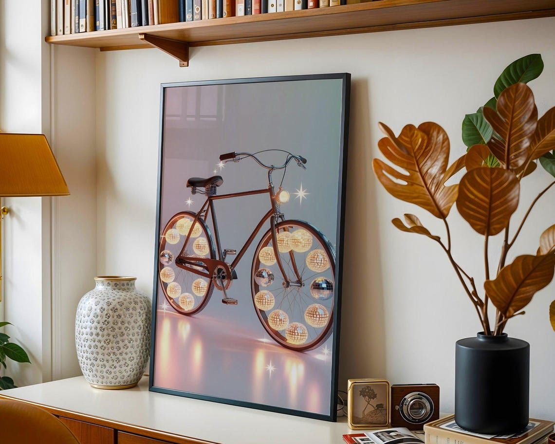 Vintage Bicycle With Sparkling Disco Ball Wheels Retro Bike Poster - Image 5