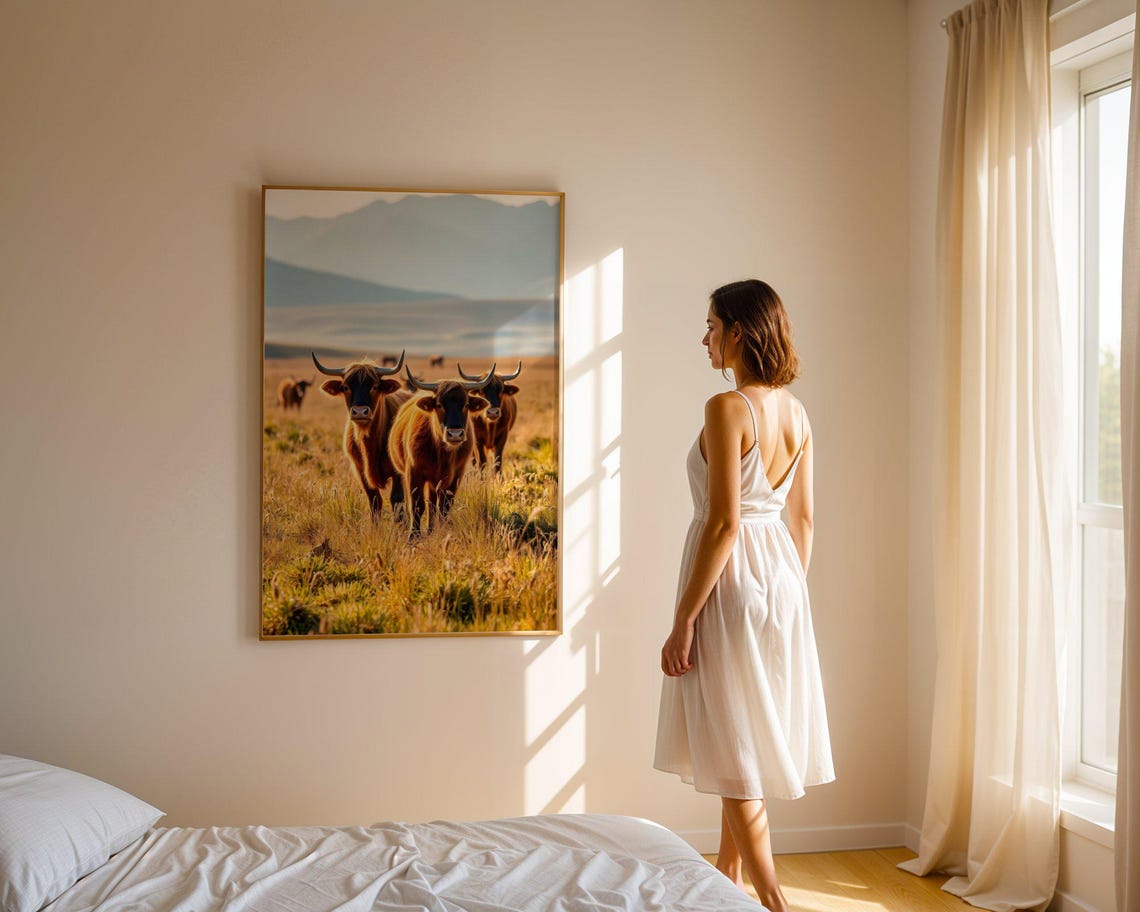 Highland Cattle Herd With Long Horns in Golden Meadow Poster - Image 2