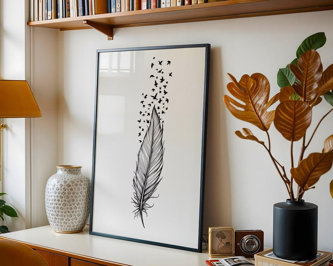 Ink Feather Dissolving Into Flying Birds Minimalist Ink Poster - Image 2