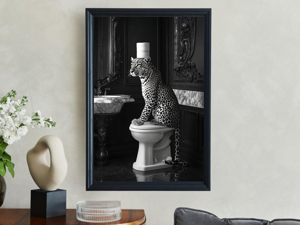 Leopard Sitting On Toilet With Toilet Paper Black And White Poster - Image 2