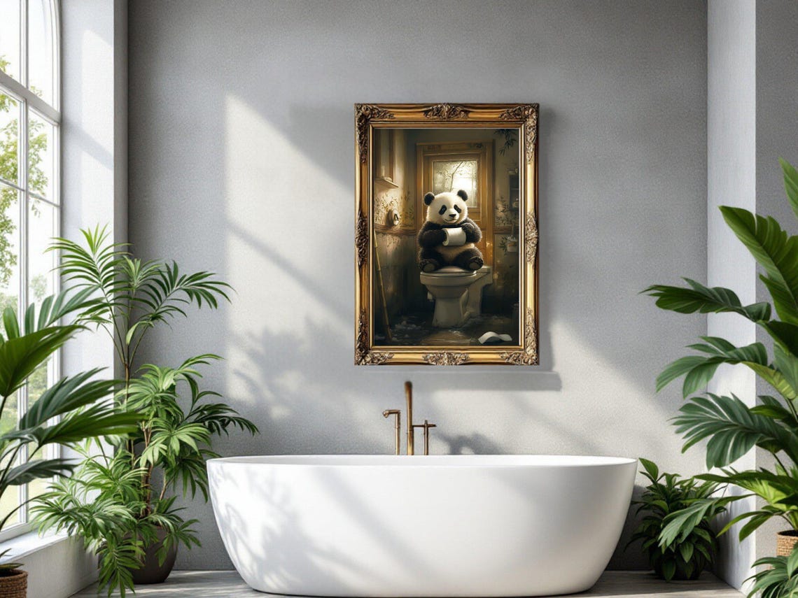 Cute Panda Sitting On Toilet Holding Toilet Paper Funny Poster - Image 3