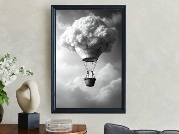 Hot Air Balloon Cloud Wall Art Dreamy Floating Basket Print Vintage Style Artwork Surrealist Sky Decor Monochrome Fantasy Poster