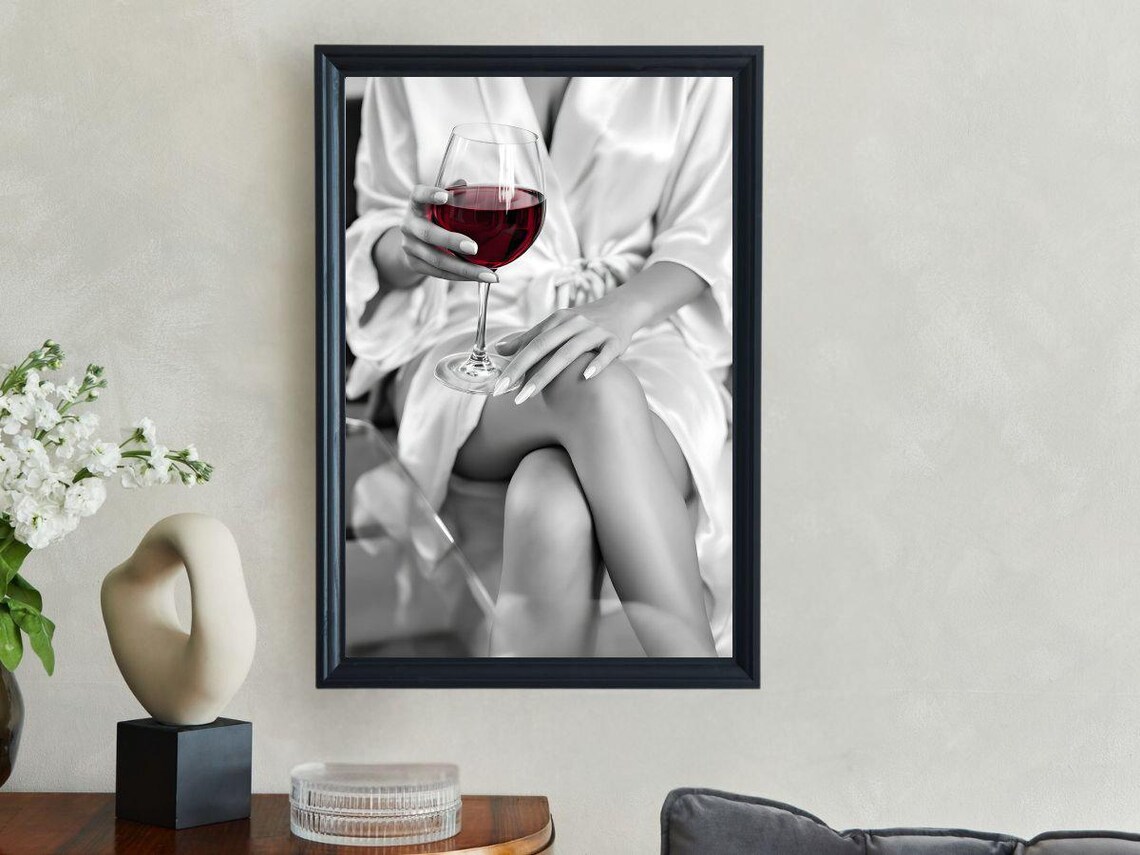 Woman in Silk Robe Holding Glass of Red Wine, B&W Photo Poster - Image 3