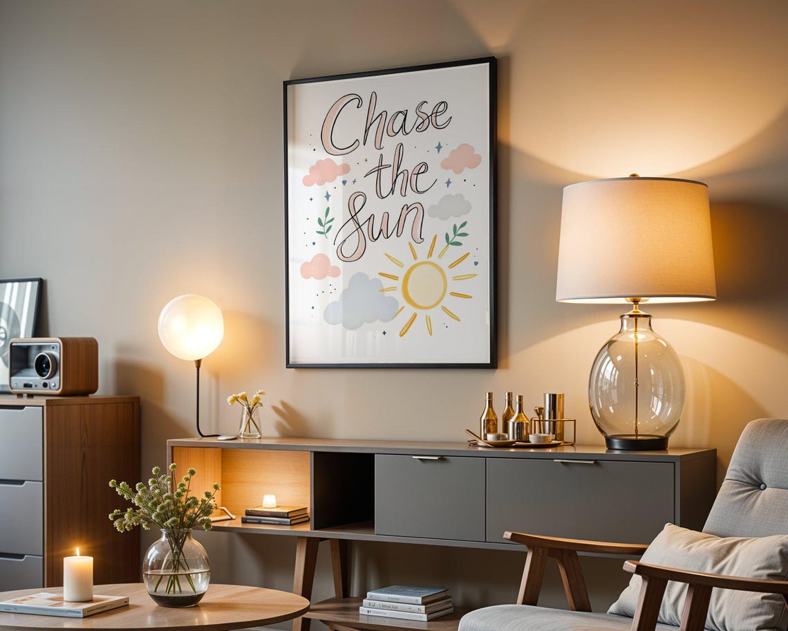 Chase the Sun Hand Lettered Quote Sunshine Doodle Art Poster - Image 3