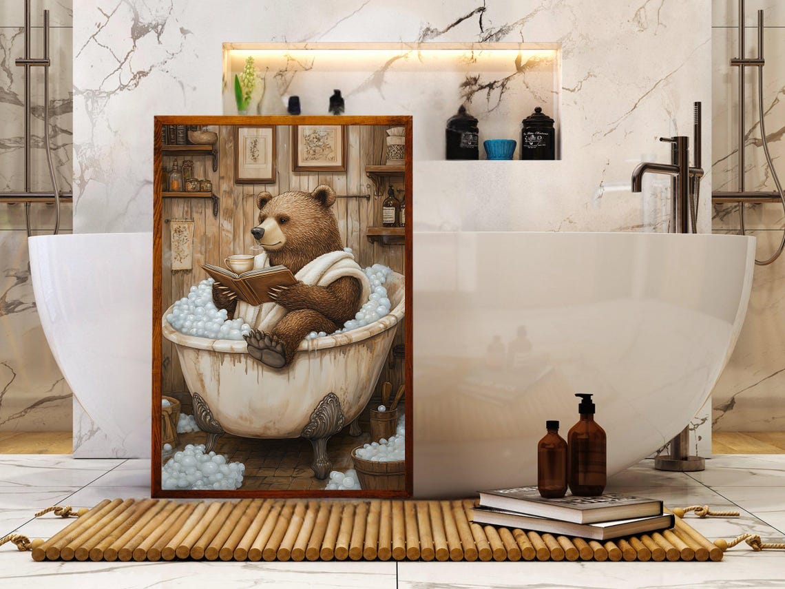 Brown Bear Reading a Book in a Clawfoot Bubble Bath With Tea Poster - Image 5