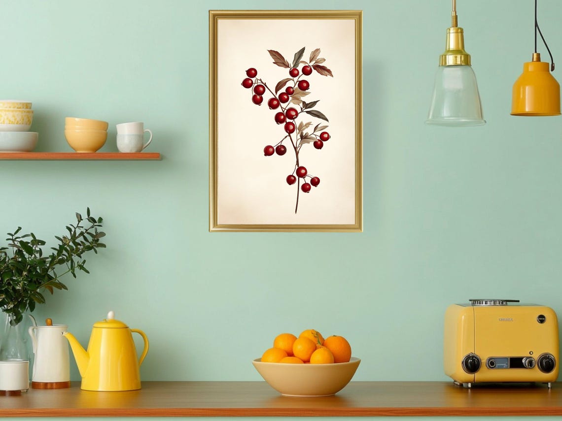 Red Berry Branch Botanical Illustration Rustic Kitchen Poster - Image 3