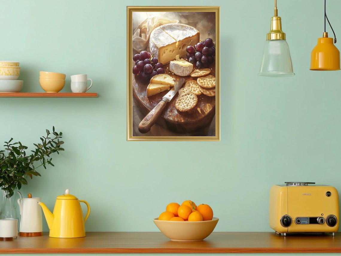 Rustic Cheese Board Grapes Brie Gourmet Kitchen Decor Art Print - Image 3