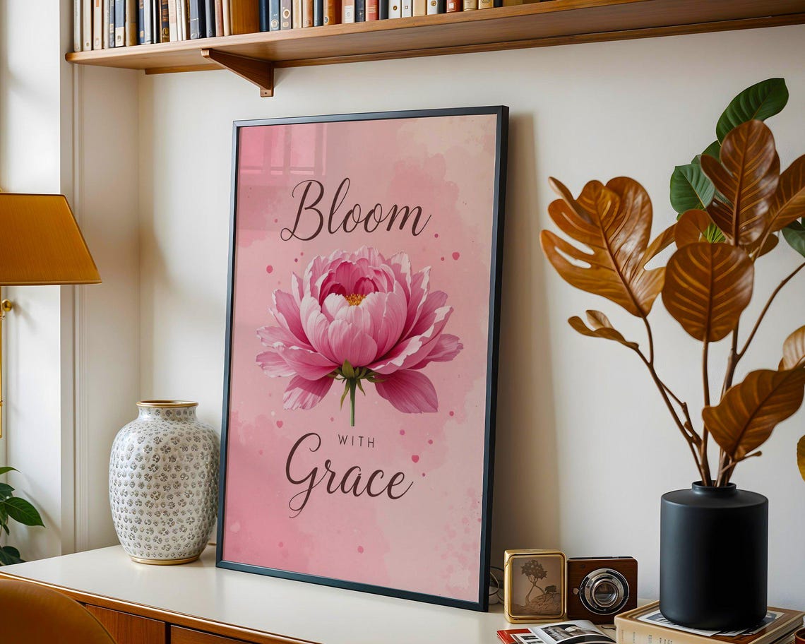 Bloom With Grace Large Pink Peony Floral Watercolor Quote Poster - Image 3
