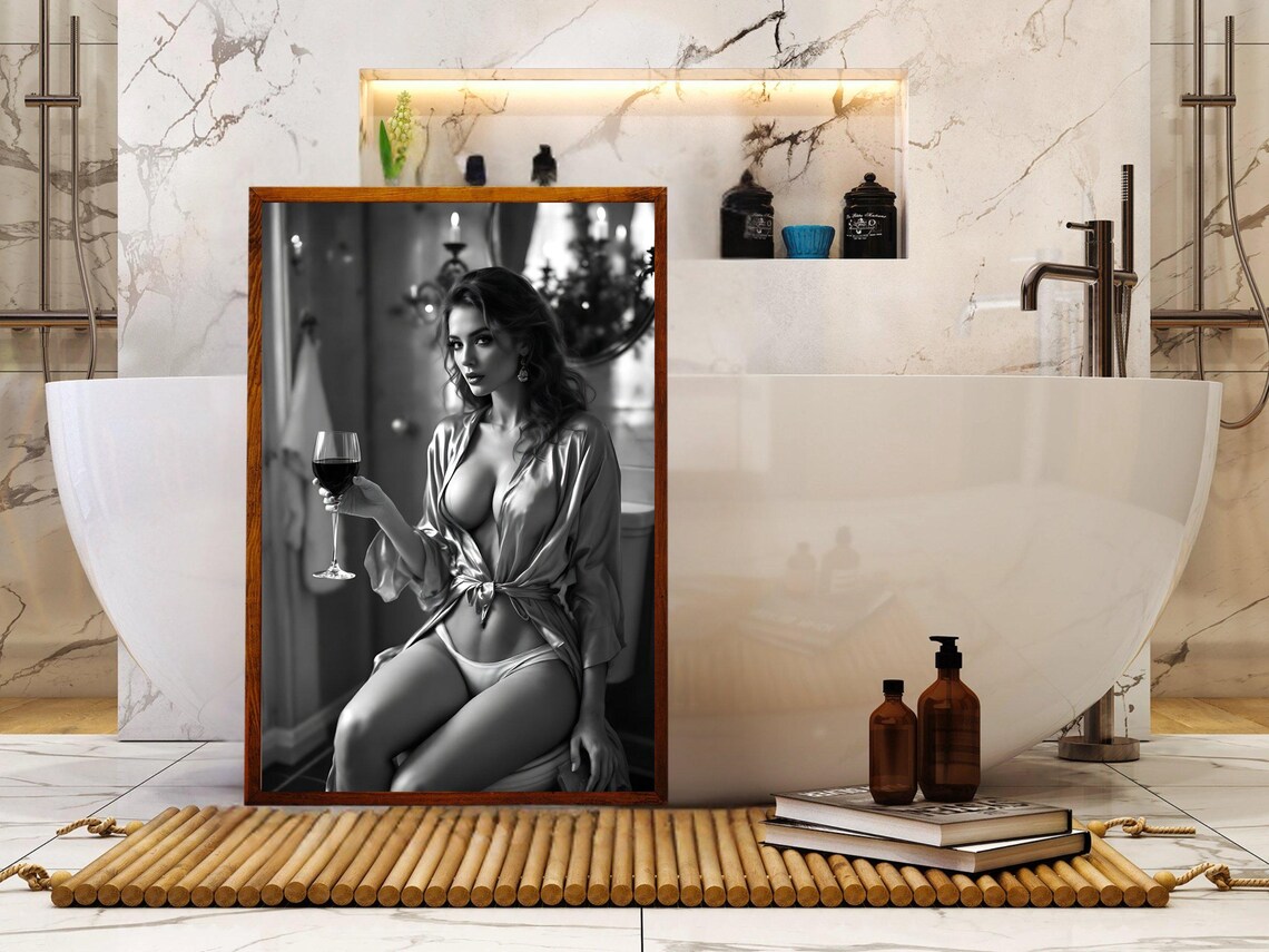 Woman In Silk Robe Raising A Glass Of Red Wine Glamour Poster - Image 4