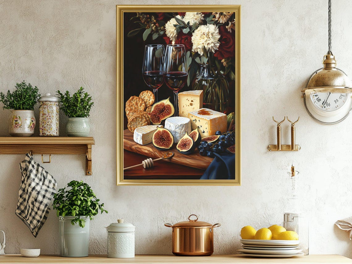 Wine and Cheese Still Life Gourmet Rustic Dining Artwork Poster