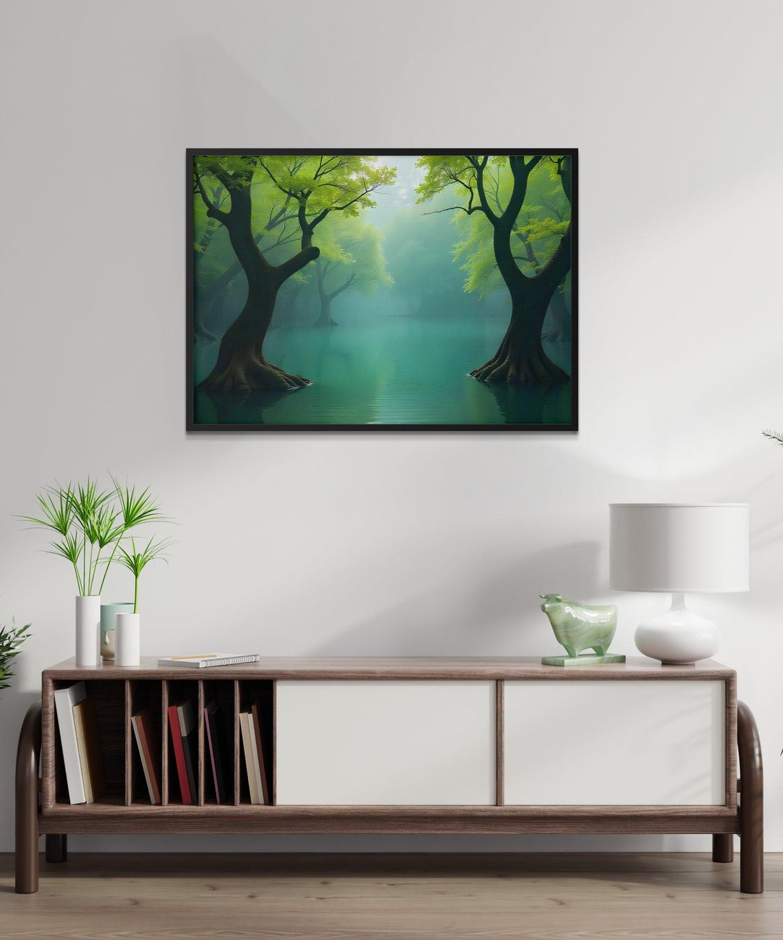 Misty Emerald Forest with Trees Standing in Still Green Water Poster - Image 3