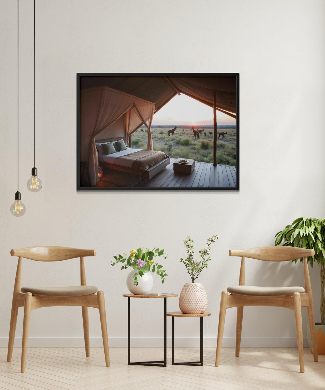 Safari Tent Bedroom Overlooking Giraffes on the Savanna at Sunset Poster - Image 2