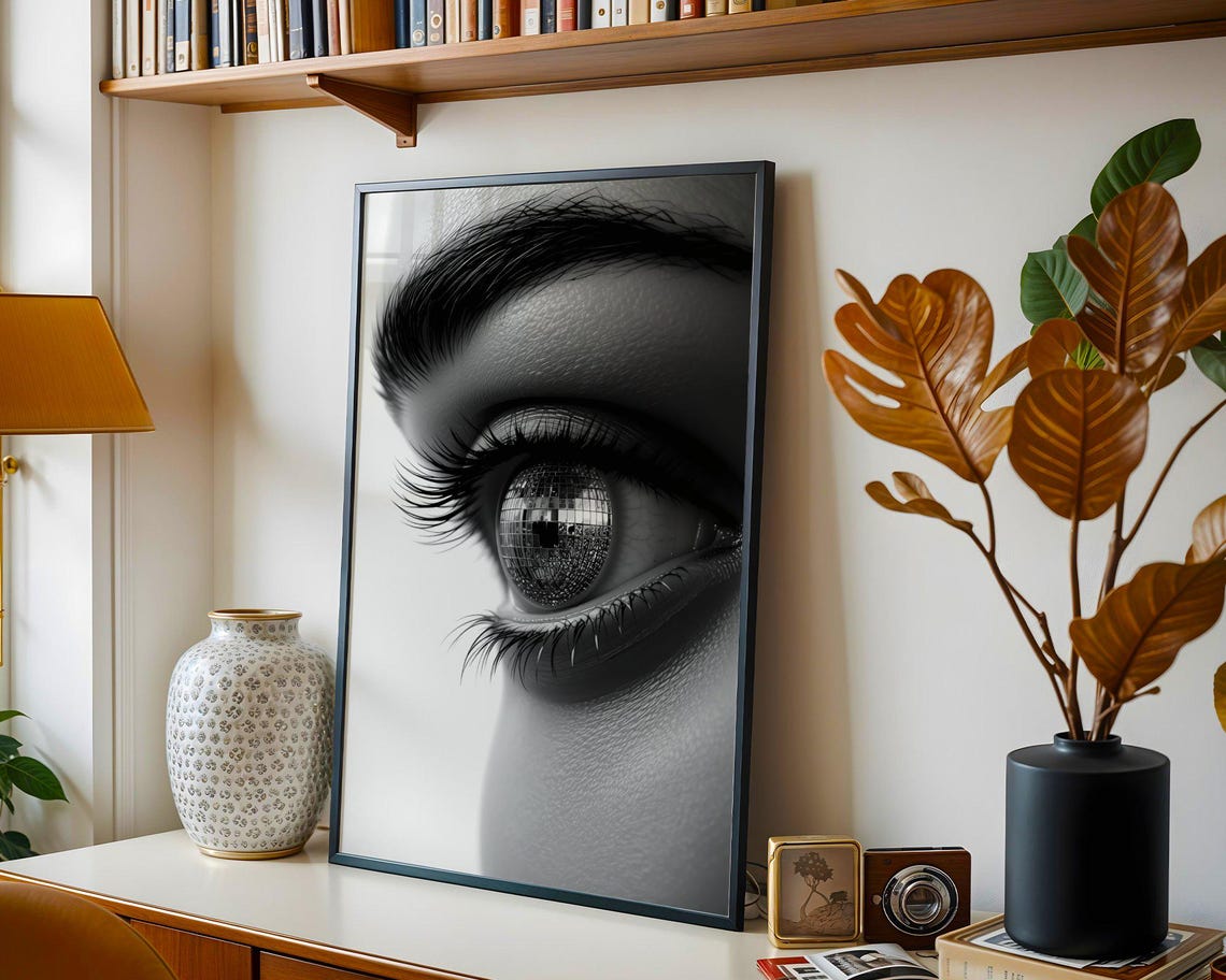 Woman's Eye Close-Up With a Disco Ball Iris Black and White Art Poster - Image 2