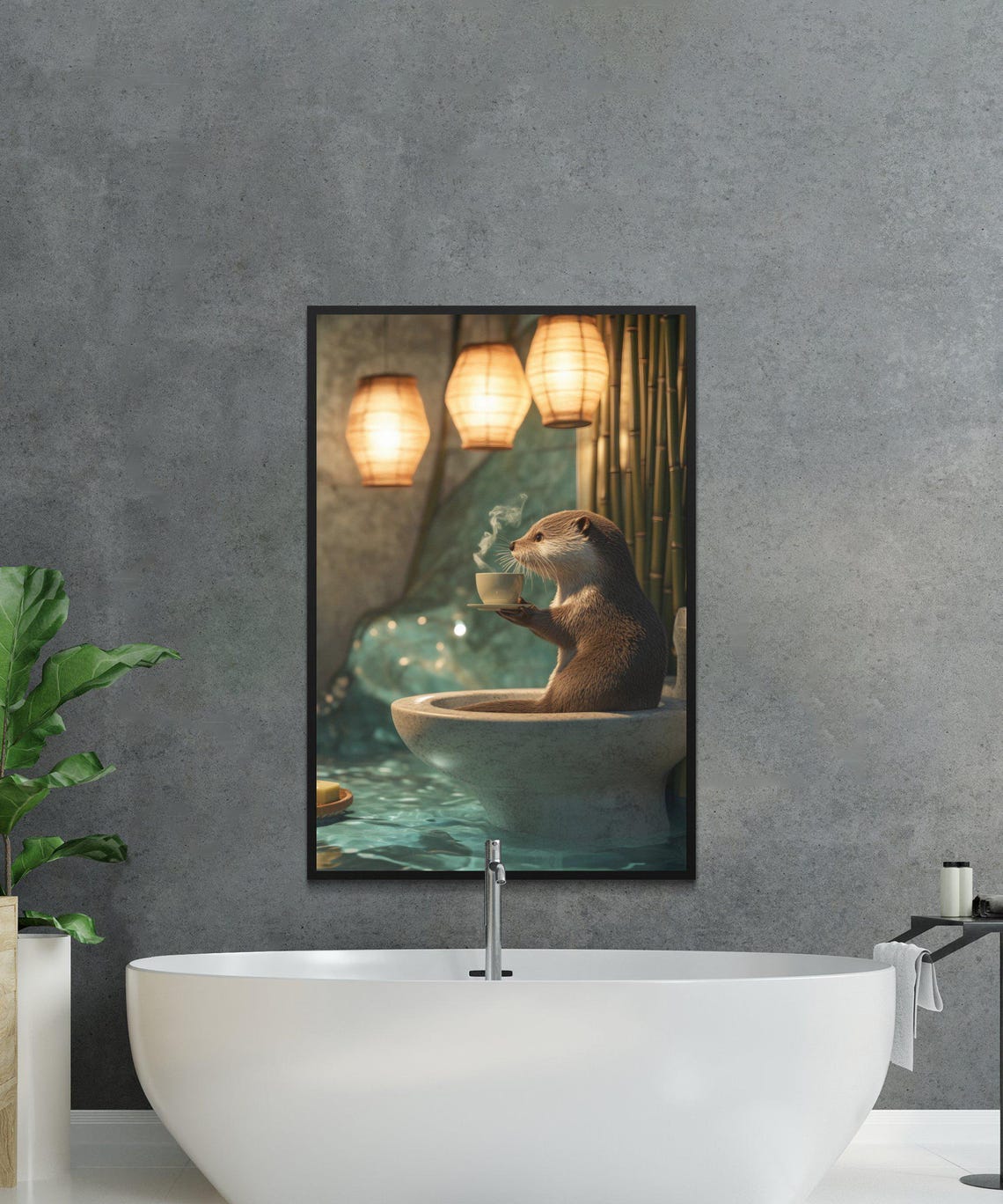 Relaxing Otter Enjoying A Steaming Cup In A Stone Bathtub Poster - Image 3