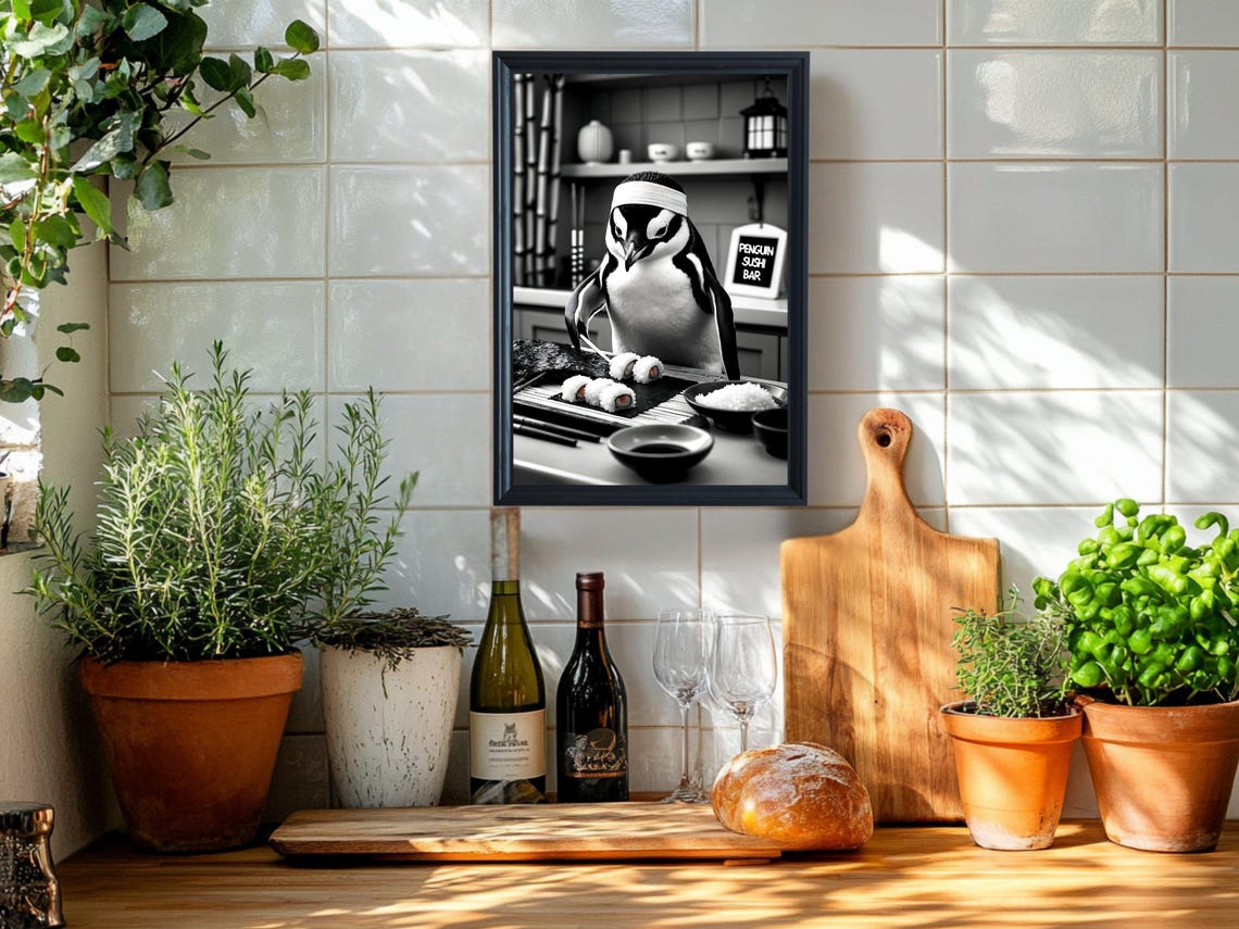Funny Penguin Sushi Bar Chef Black and White Kitchen Dining Poster - Image 2