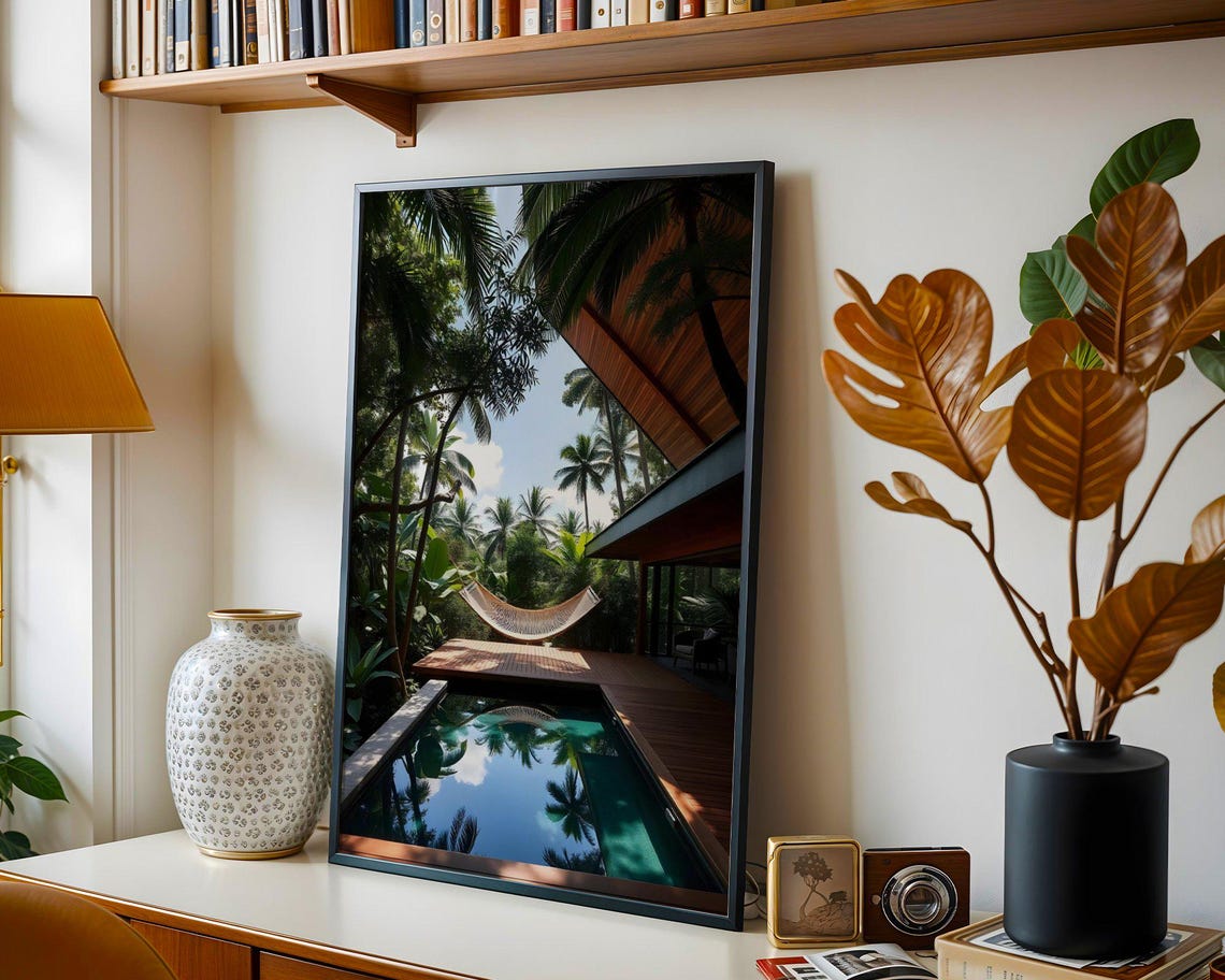 Tropical Villa Pool with Hammock Under Palm Trees in Paradise Poster - Image 3
