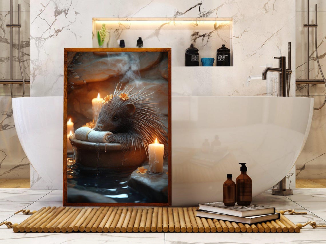 Porcupine Resting on a Stone Bath Edge with Flower Crown Poster - Image 5