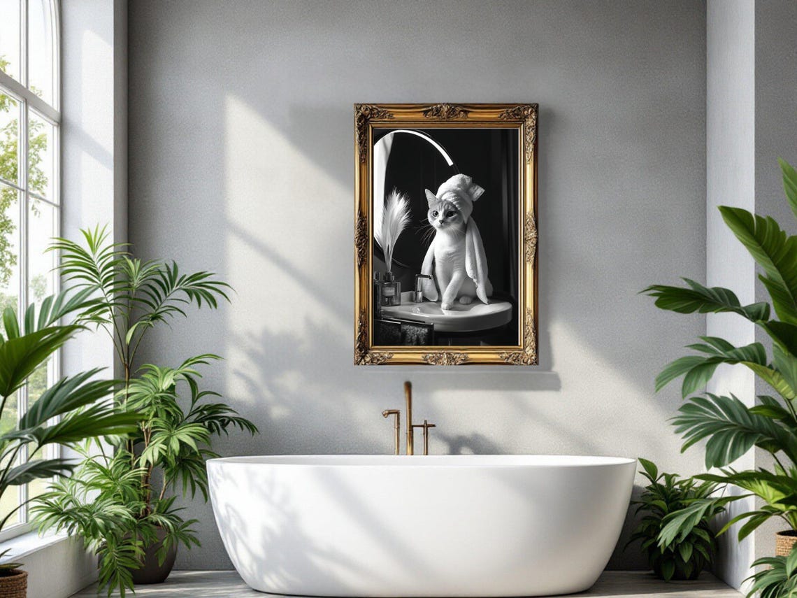 Cat With Towel Turban Sitting On Sink Black And White Animal Poster - Image 3