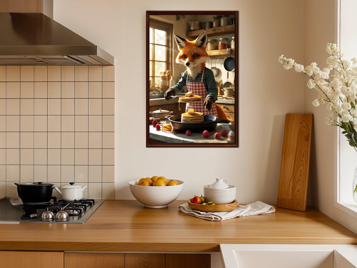 Fox Chef Making Pancakes Cozy Kitchen Funny Animal Art Print - Image 4