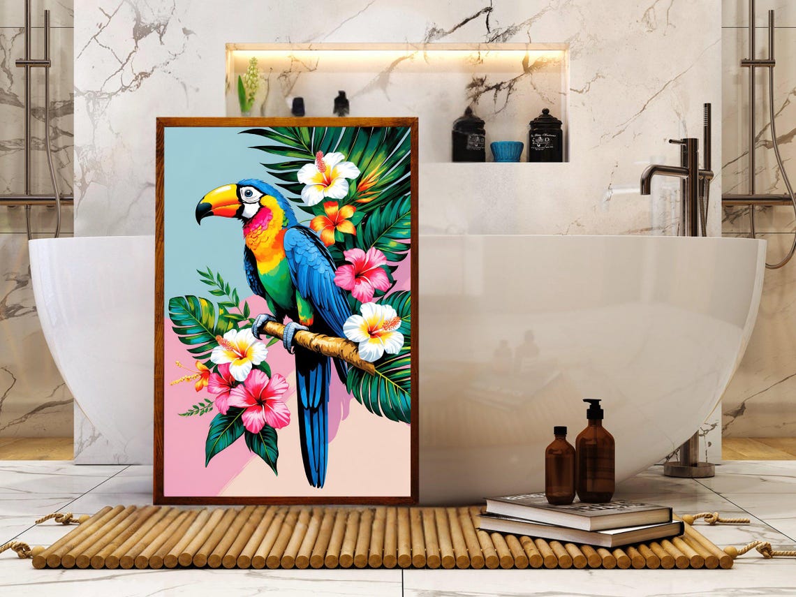 Colorful Toucan Perched Among Hibiscus Flowers And Palm Leaves Poster - Image 5