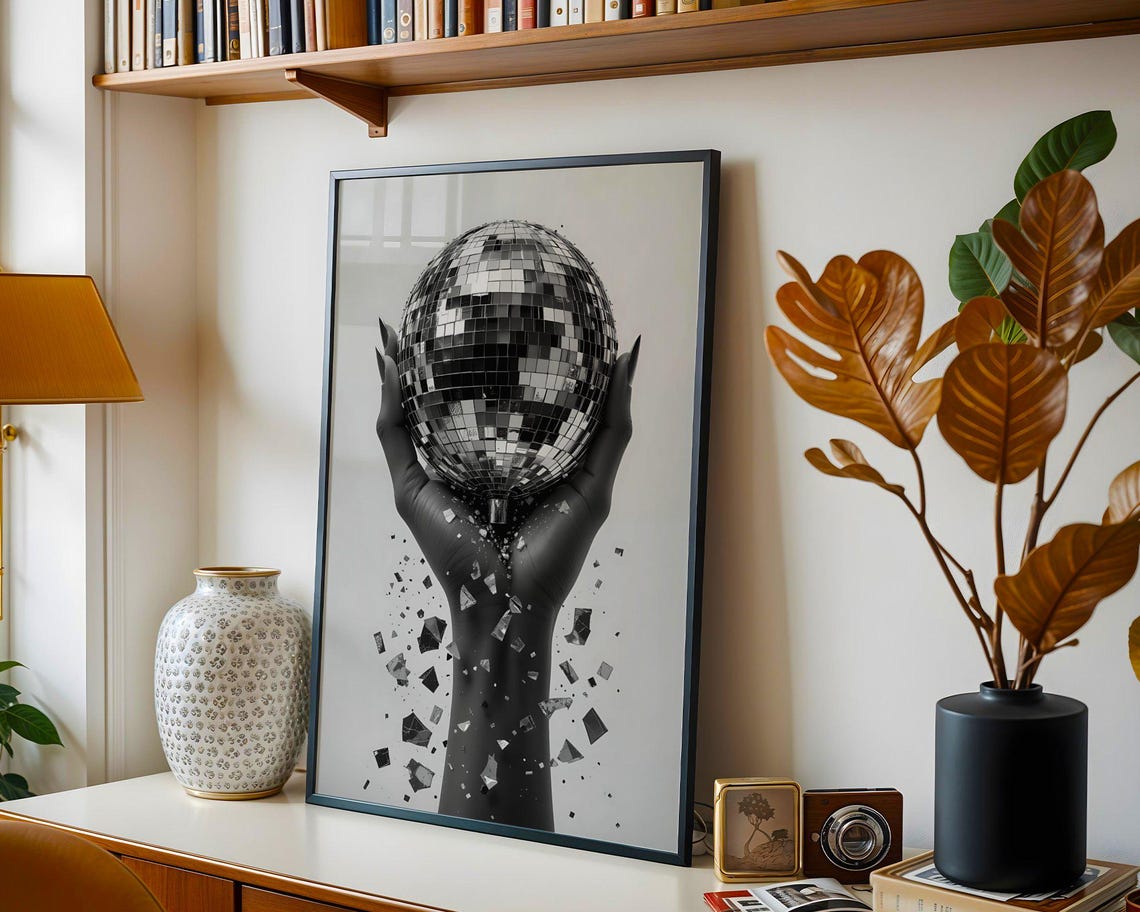 Modern Black And White Disco Ball Wall Art Unique Hand Holding Disco Ball Print Abstract Geometric Wall Decor Contemporary Art Print - Image 2