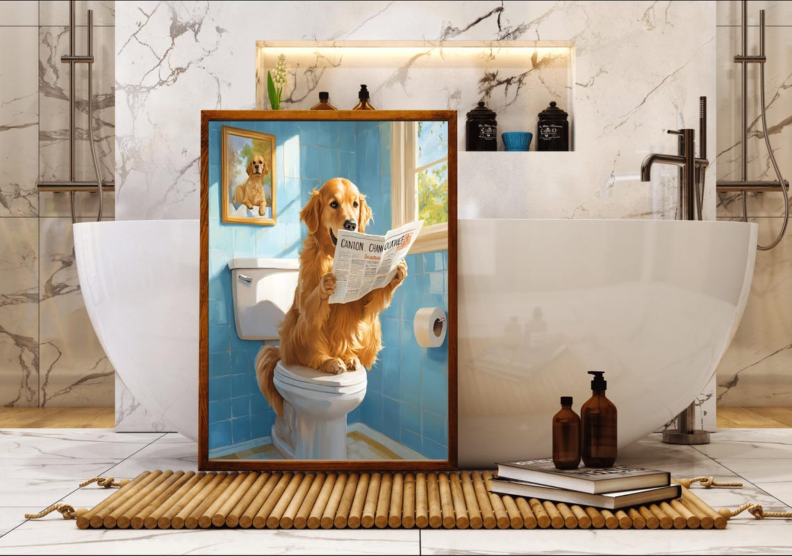 Golden Retriever Reading On Toilet With Framed Portrait Blue Poster - Image 5