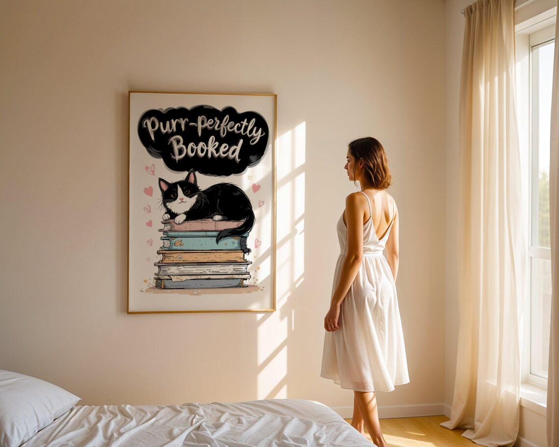 Purr-fectly Booked Cat Reading Books Stack Funny Book Lover Gift Poster - Image 5