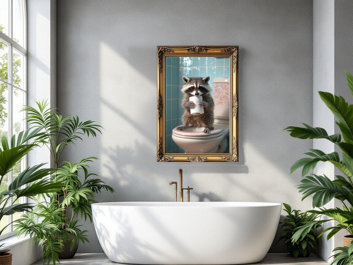 Cute Raccoon On Toilet Holding Toilet Paper Funny Bathroom Poster - Image 3