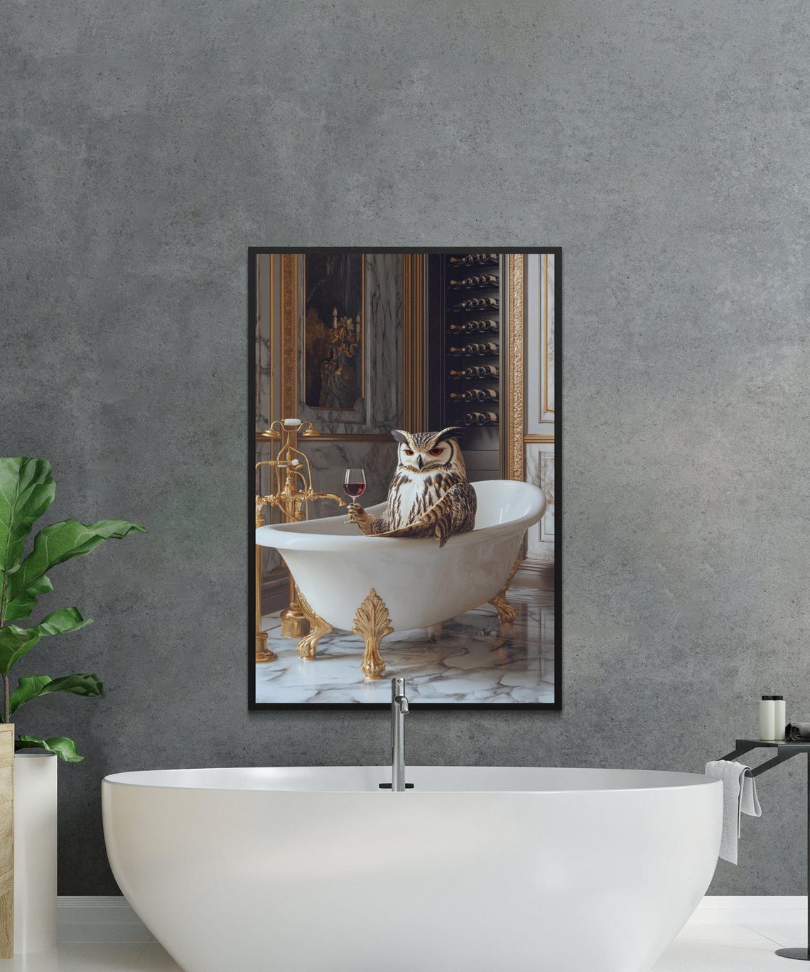 Sophisticated Owl Relaxing with Wine in a Golden Bathtub Poster - Image 2