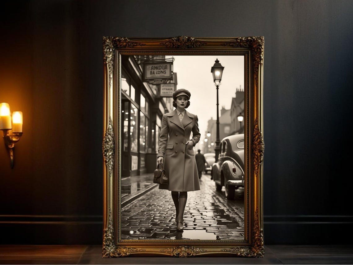Woman In Coat Walking A Rainy Cobblestone Street Vintage Poster