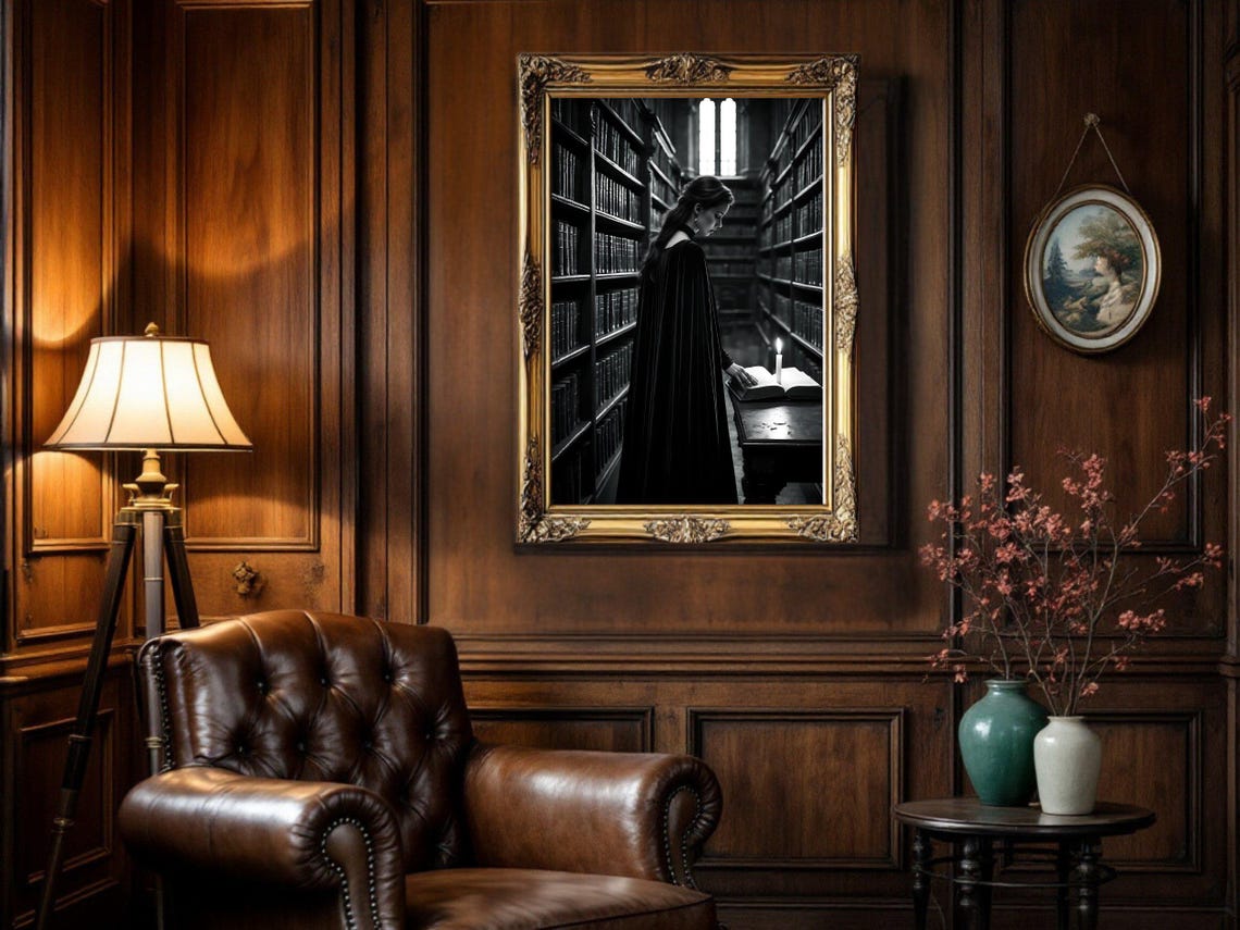 Cloaked Woman Reading by Candlelight in Gothic Library Poster - Image 5