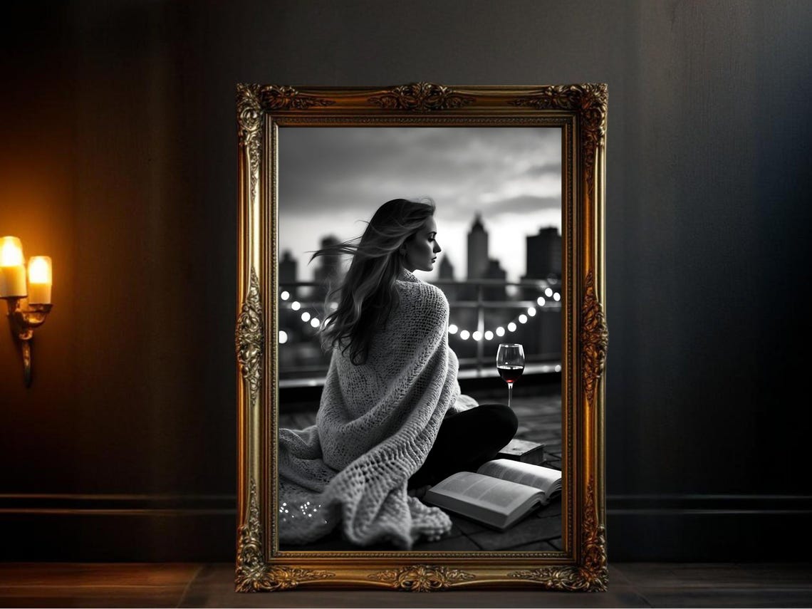 Woman Wrapped In A Cozy Knit Blanket On A Rooftop At Dusk Poster