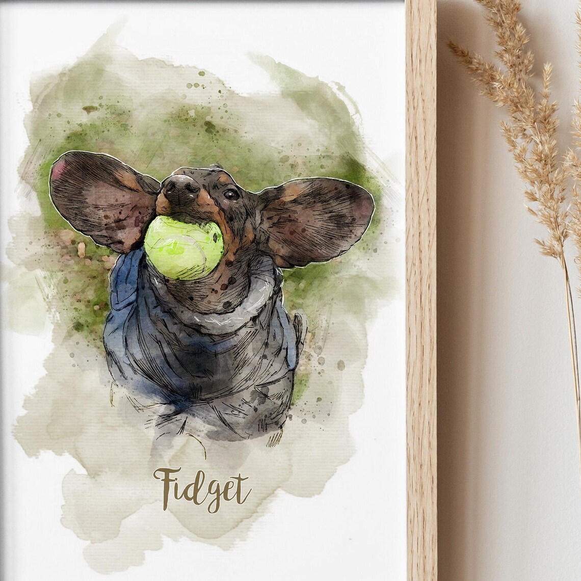 Fidget Dachshund Tennis Ball Watercolor Portrait Playful Dog Art Print