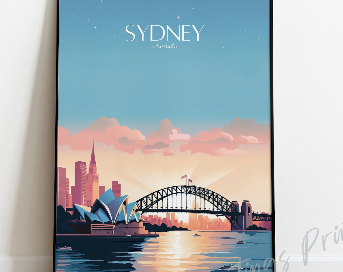 Sydney Australia Sunset Travel Poster Opera House Harbour Bridge View