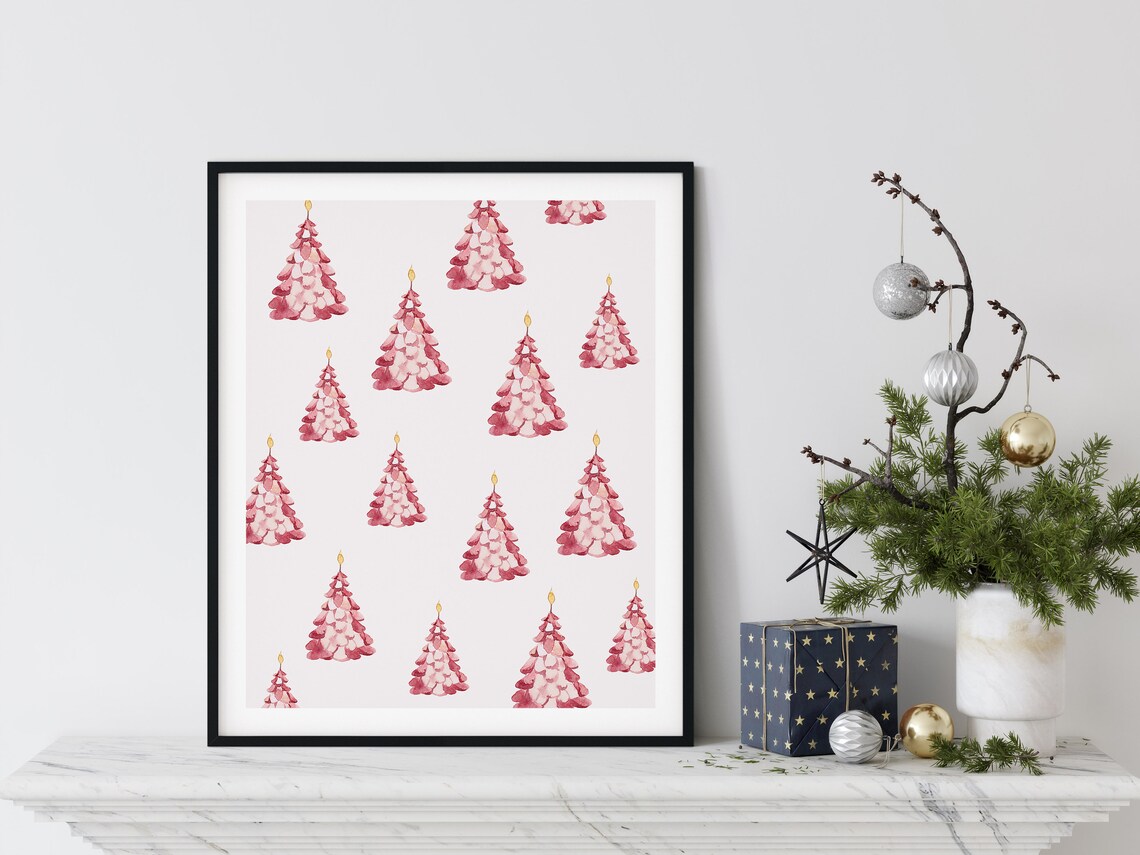 Pink Christmas Tree Watercolor Minimalist Scandinavian Holiday Poster - Image 2