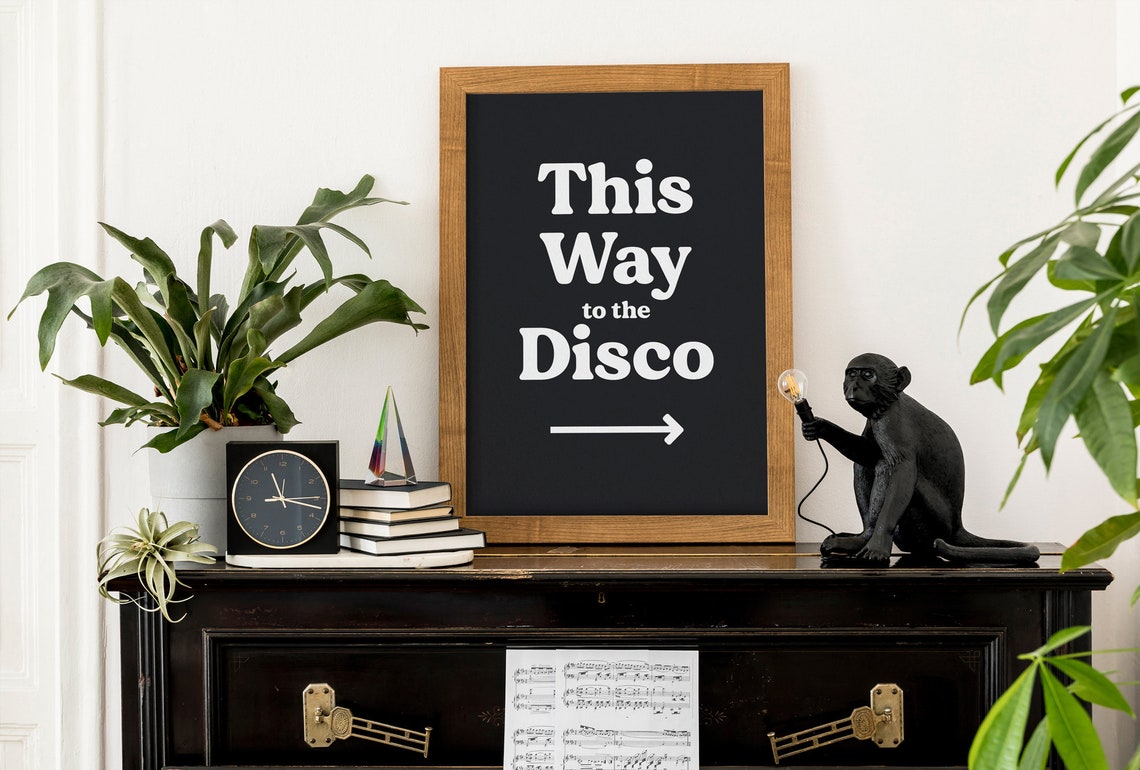 This Way To The Disco Arrow Retro Black And White Typography Poster