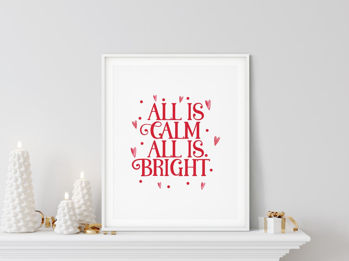 All Is Calm All Is Bright Red Heart Christmas Typography Poster - Image 3
