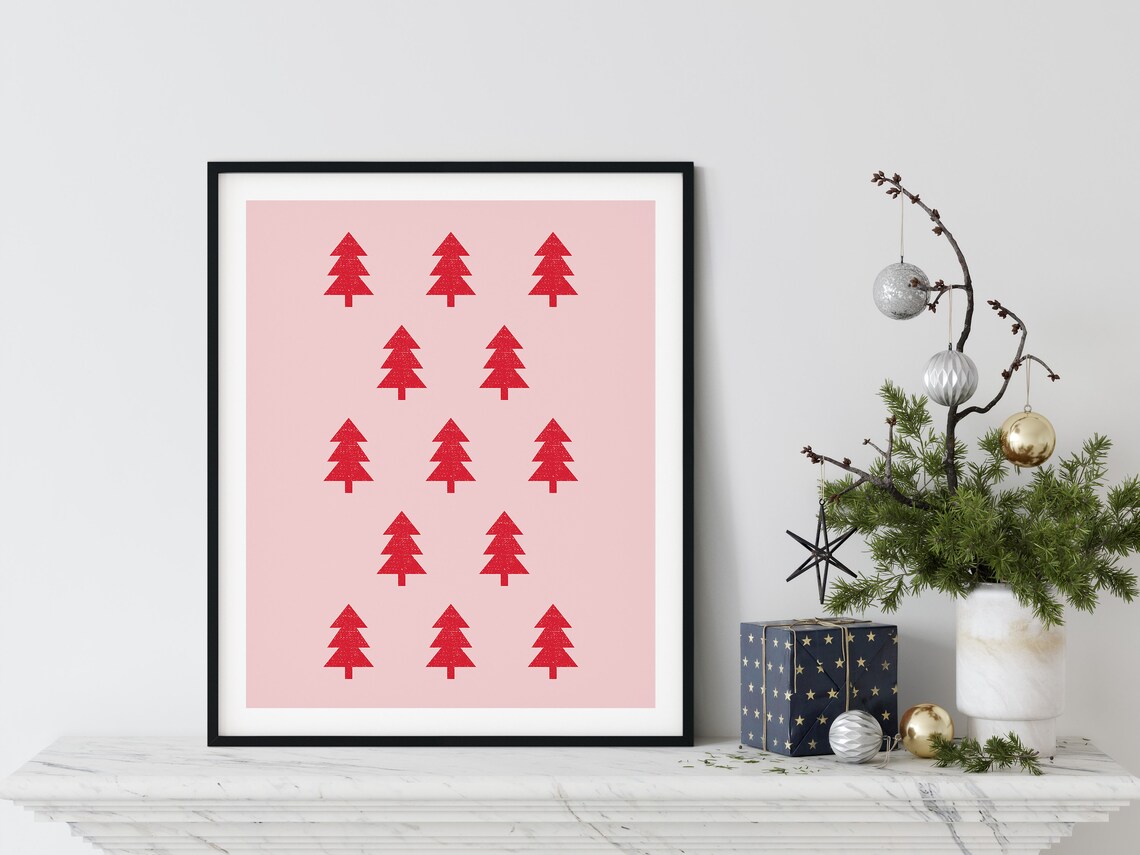 Pink Christmas Red Tree Pattern Scandinavian Minimalist Holiday Poster - Image 3