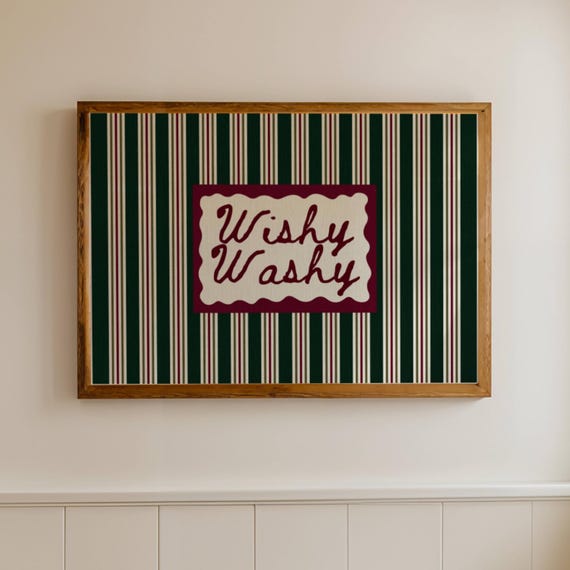 Wishy Washy Quote Print Horizontal Funny Typography Bathroom Wall Art Hand Drawn Retro Green Striped Decor Poster