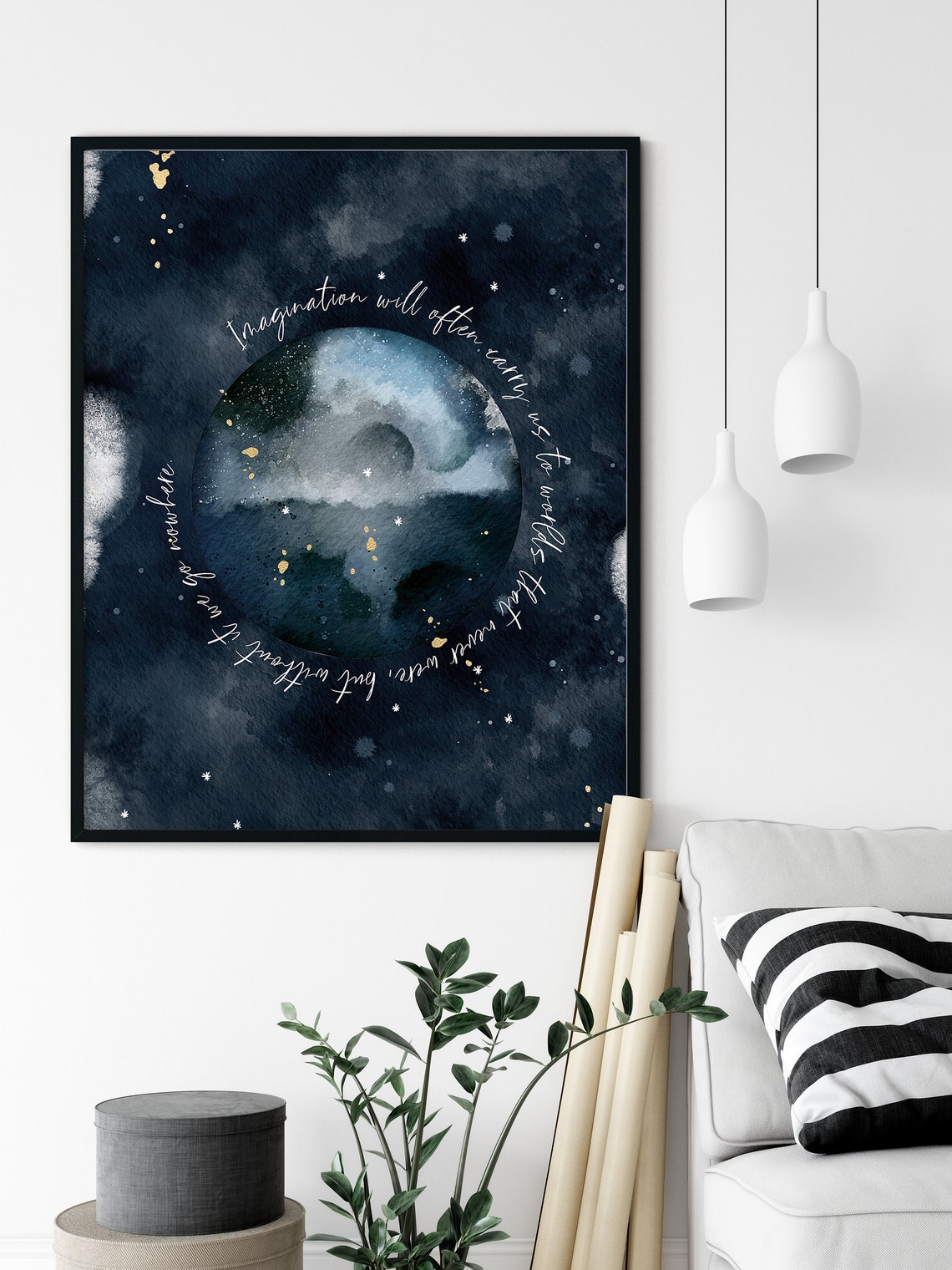 Carl Sagan Imagination Quote Moon Navy Watercolor Universe Poster - Image 3