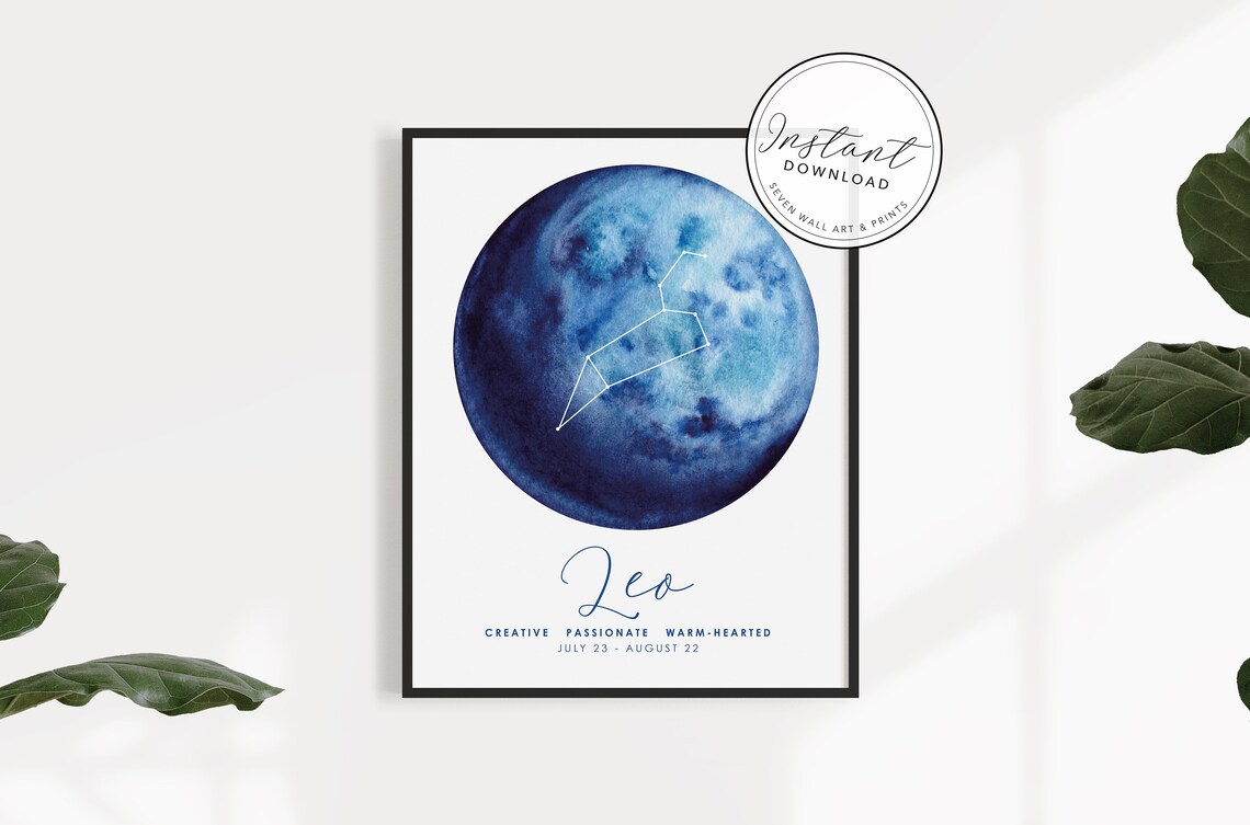 Leo Zodiac Constellation Traits Moon Blue Watercolor Star Sign Poster